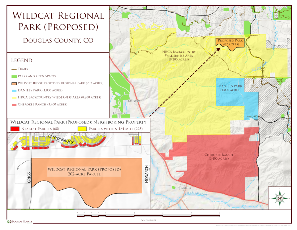 Map showing area of 202 acres dedicated for a park in Highlands Ranch