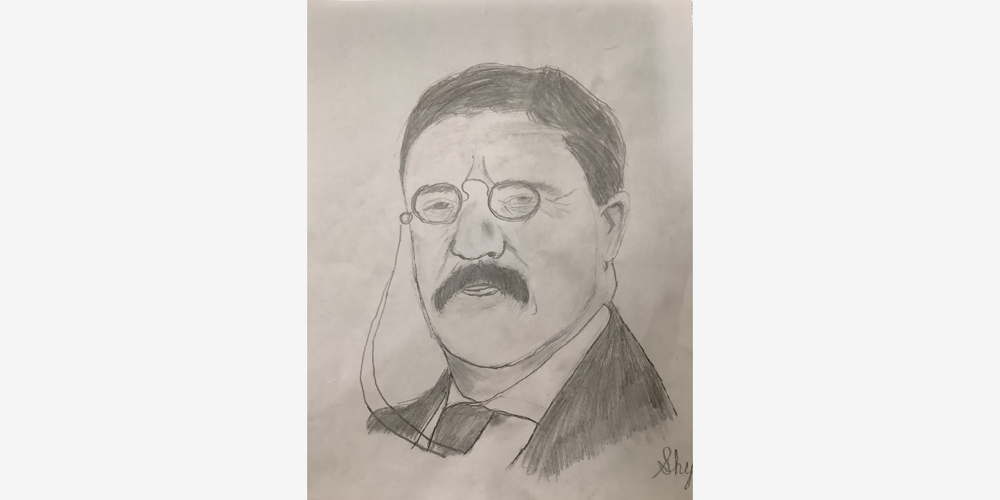 detailed, black and white pencil drawing of President Theodore Roosevelt